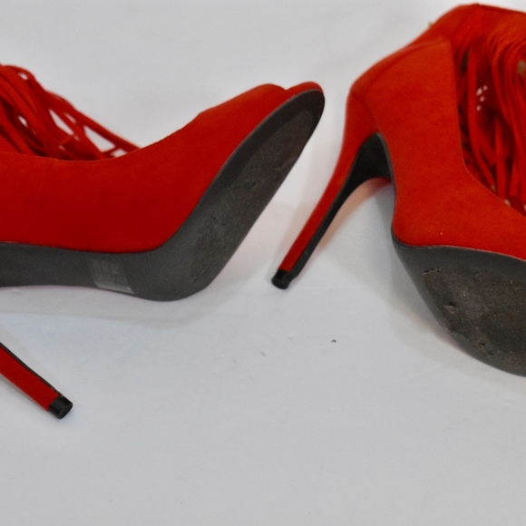 Women's Qupid Orange Red Fringe Ankle Strap Heels 8 - Picture 5 of 5